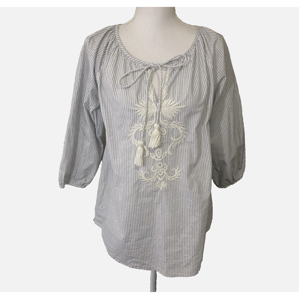 Zara Top Blouse Womens Sz M Blue Striped Embroidered Tassels Boho Hippie‎